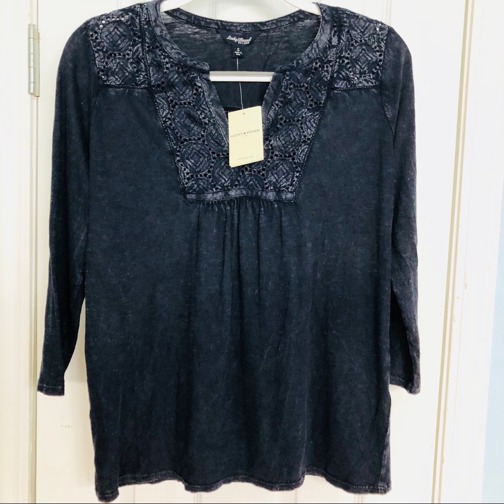 NWT Lucky Brand Small Navy Blue Lacy V-Neck Top